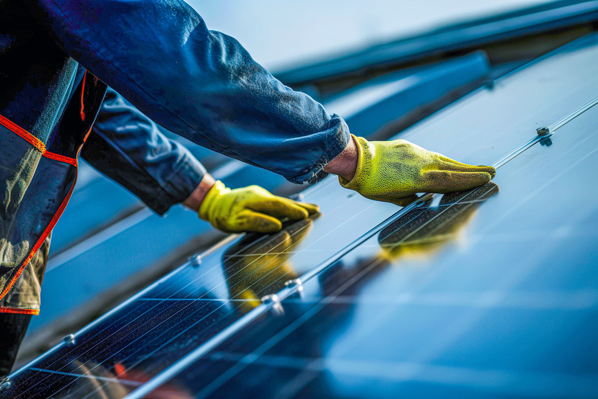 Deux mains avec des gants jaunes installent des panneaux solaires sur le toit d'un entrepôt